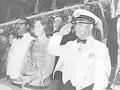 Onafhankelijkheidsverklaring in Paramaribo, 25 november 1975. V.l.n.r. Premier Arron, kroonprinses Beatrix en president Ferrier.